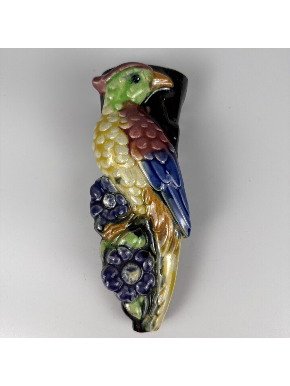 Vintage Japan Majolica Parrot Wall Pocket 8.5" Ceramic Tropical Bird Vase Plante